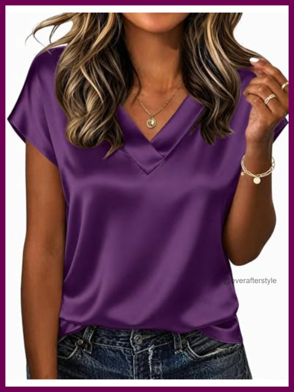 Satin V Neck Short Sleeve Tunic Blouse Business Casual Top